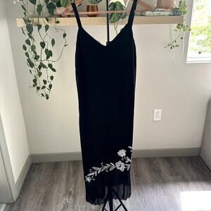 Vintage Dress Black Floral Embroidered Slip Midi Size 12 Y2K Fairy Whimsigoth
